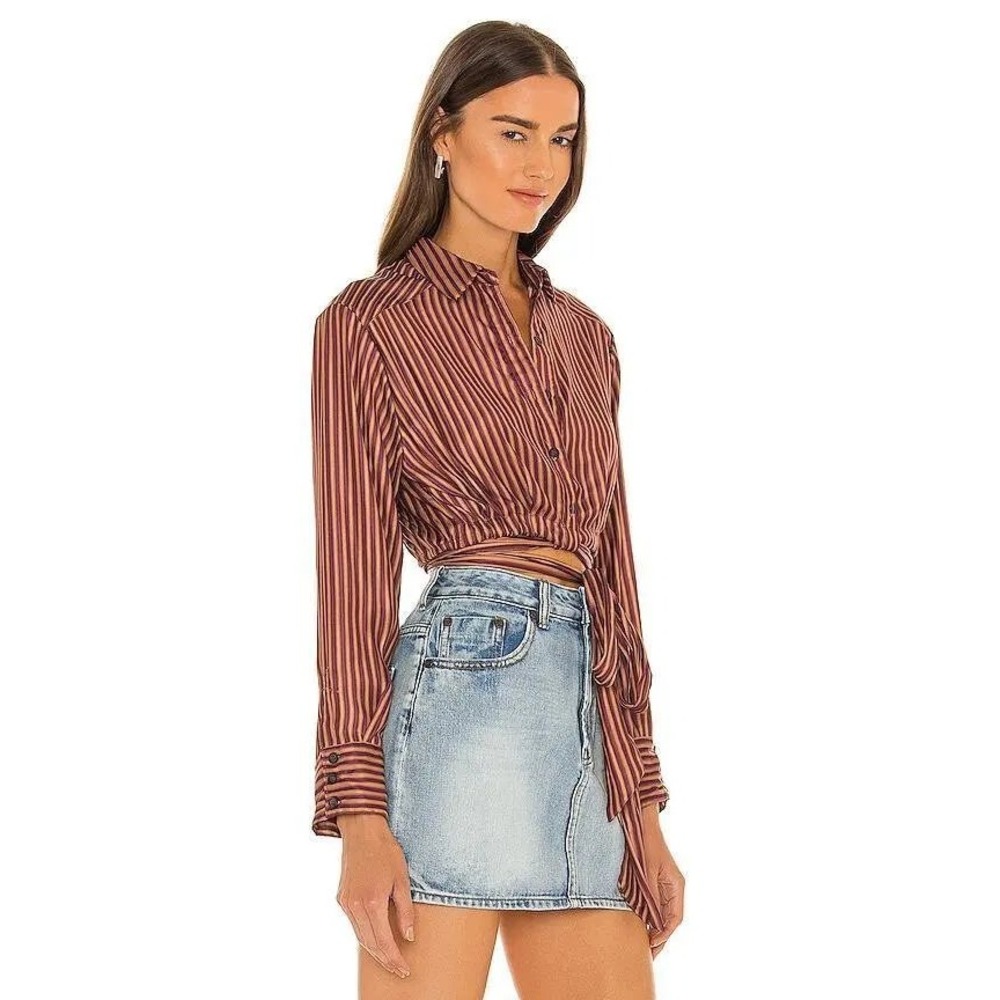 Free People X Revolve My Everything Wrap Top Blouse M Cropped Satin Chocolate - Picture 2 of 15